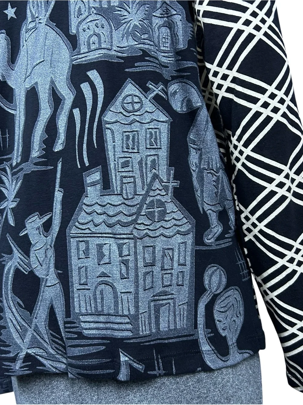 Vintage 90s Custo Barcelona Blue Tower Graphic Print Long Sleeve Top S Rare Y2K